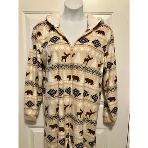 PJ Place Women's Large Pajama Jumpsuit Pants Aztec Moose Sherpa Fleece One Piece